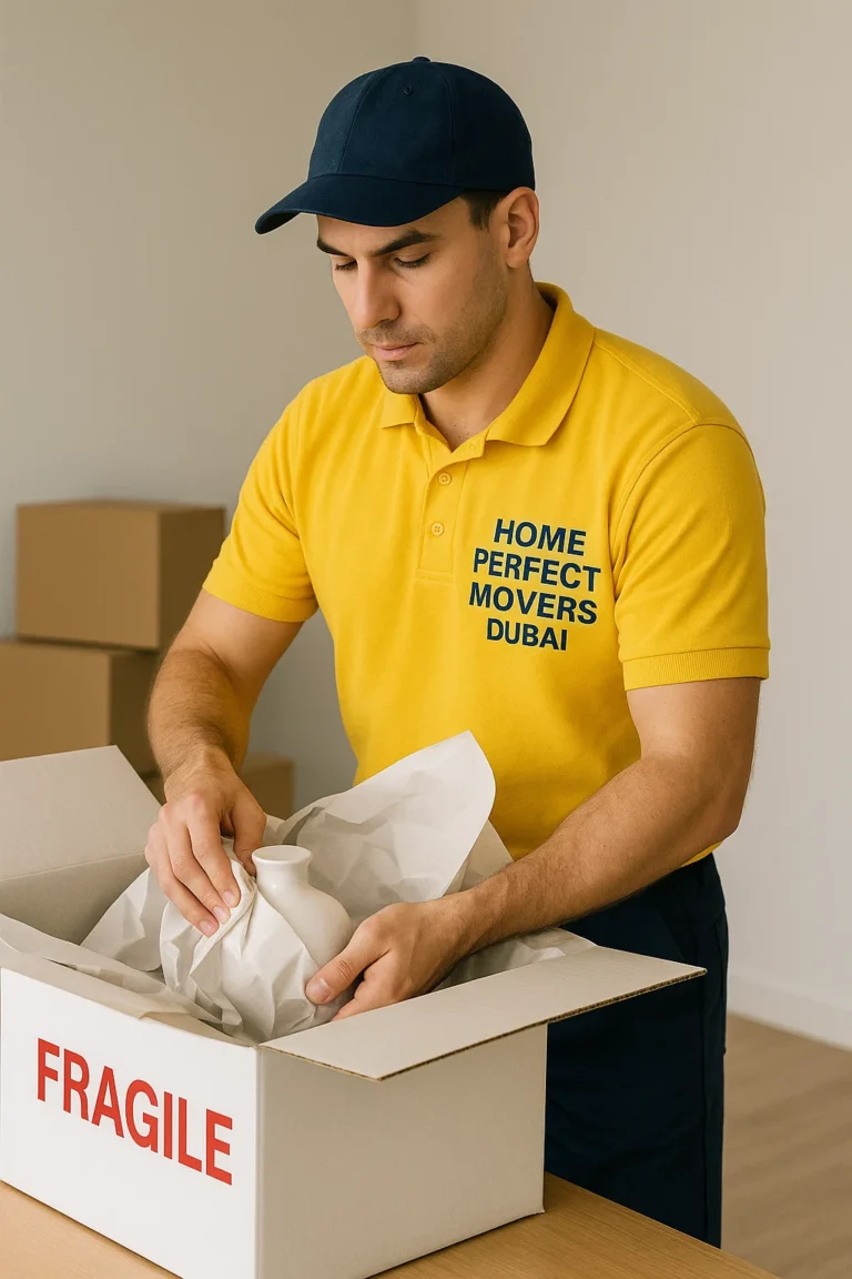 HomePerfect Movers packing fragile items with care during a relocation in Dubai