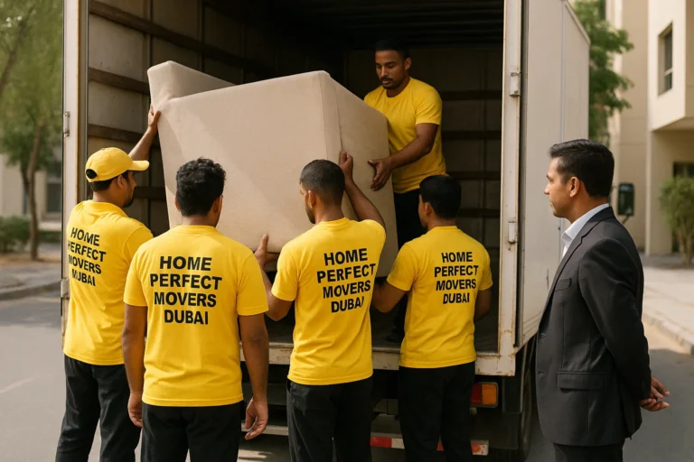 Professional movers loading furniture into the truck during a Dubai relocation